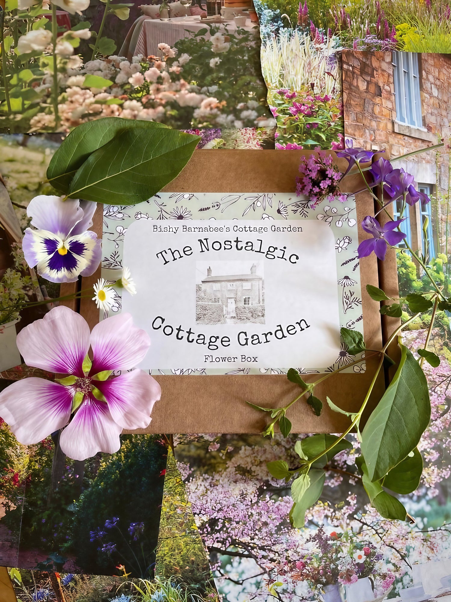 The Nostalgic Cottage Garden Flower Box with vibrant cottage-style flowers and leaf on a floral-themed background.