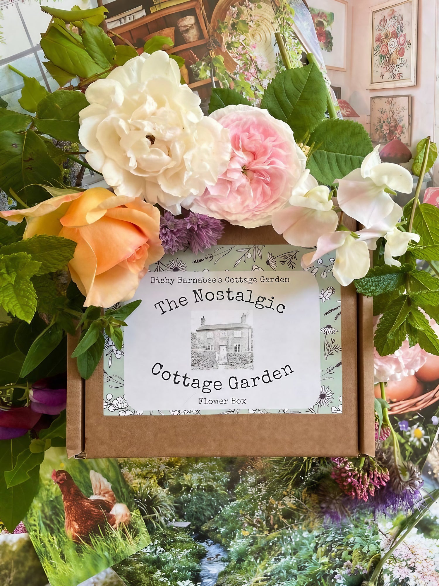 The Nostalgic Cottage Garden Flower Box with vibrant cottage-style flowers, including roses, featured in a beautifully decorated box