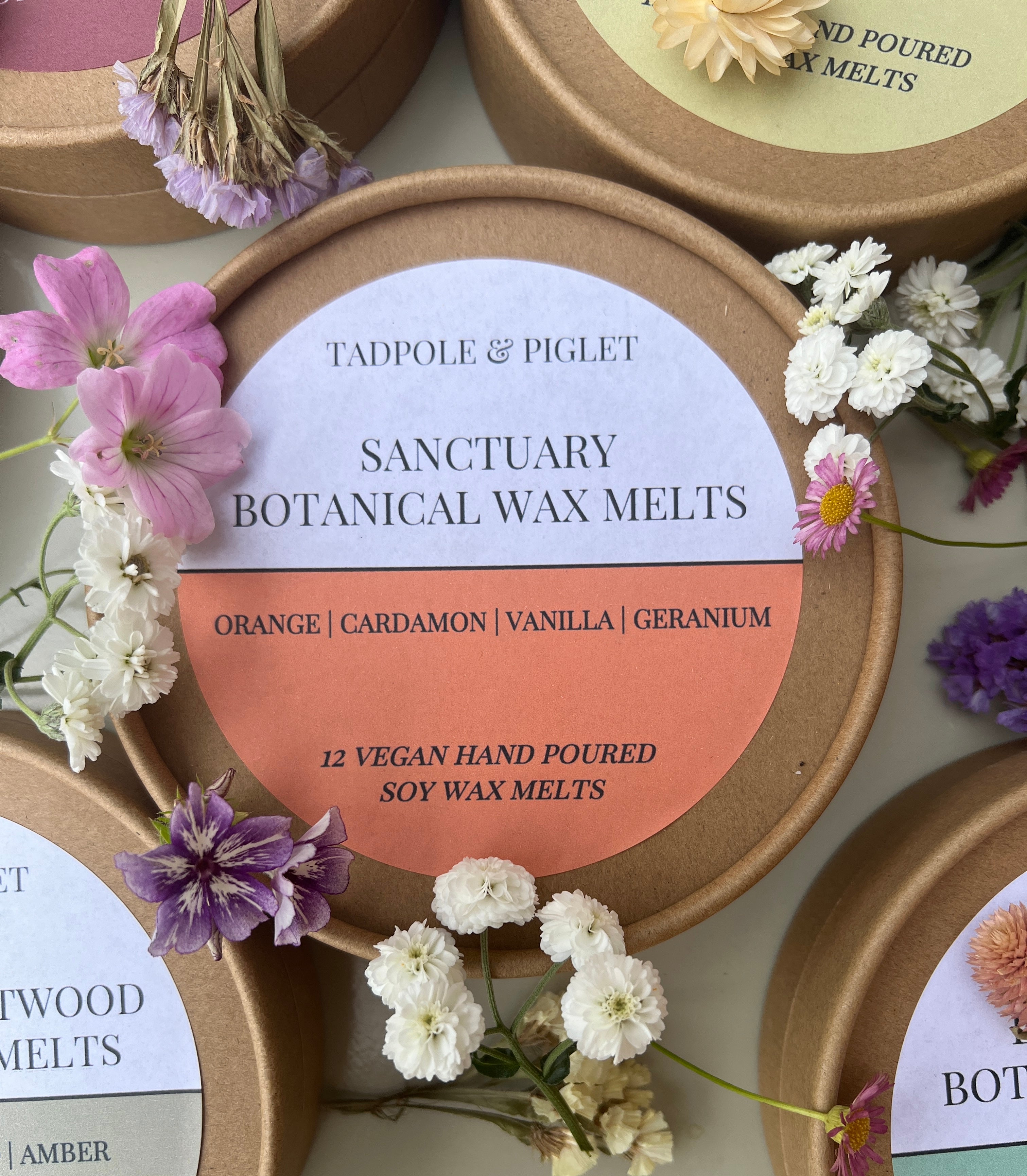 Sanctuary Botanical Wax Melts in eco-friendly packaging with flowers, showcasing orange, cardamon, vanilla, and geranium scents.