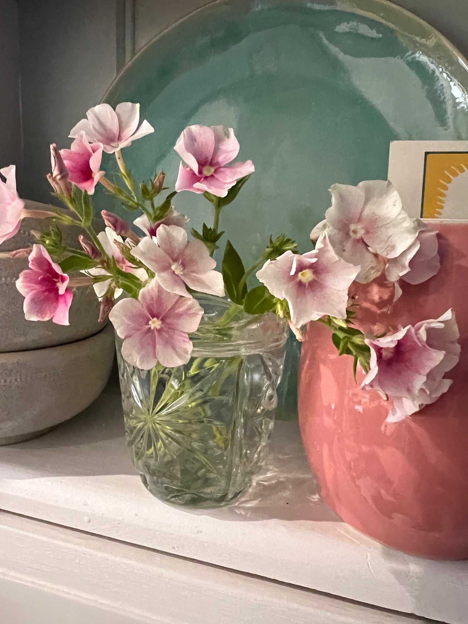 Phlox Blushing Bride flowers in a glass vase, showcasing delicate blush pink and white petals, arranged with decorative pottery.