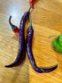 Two long purple Buena Mulata chili peppers on a wooden surface, showcasing their vibrant color and shape.