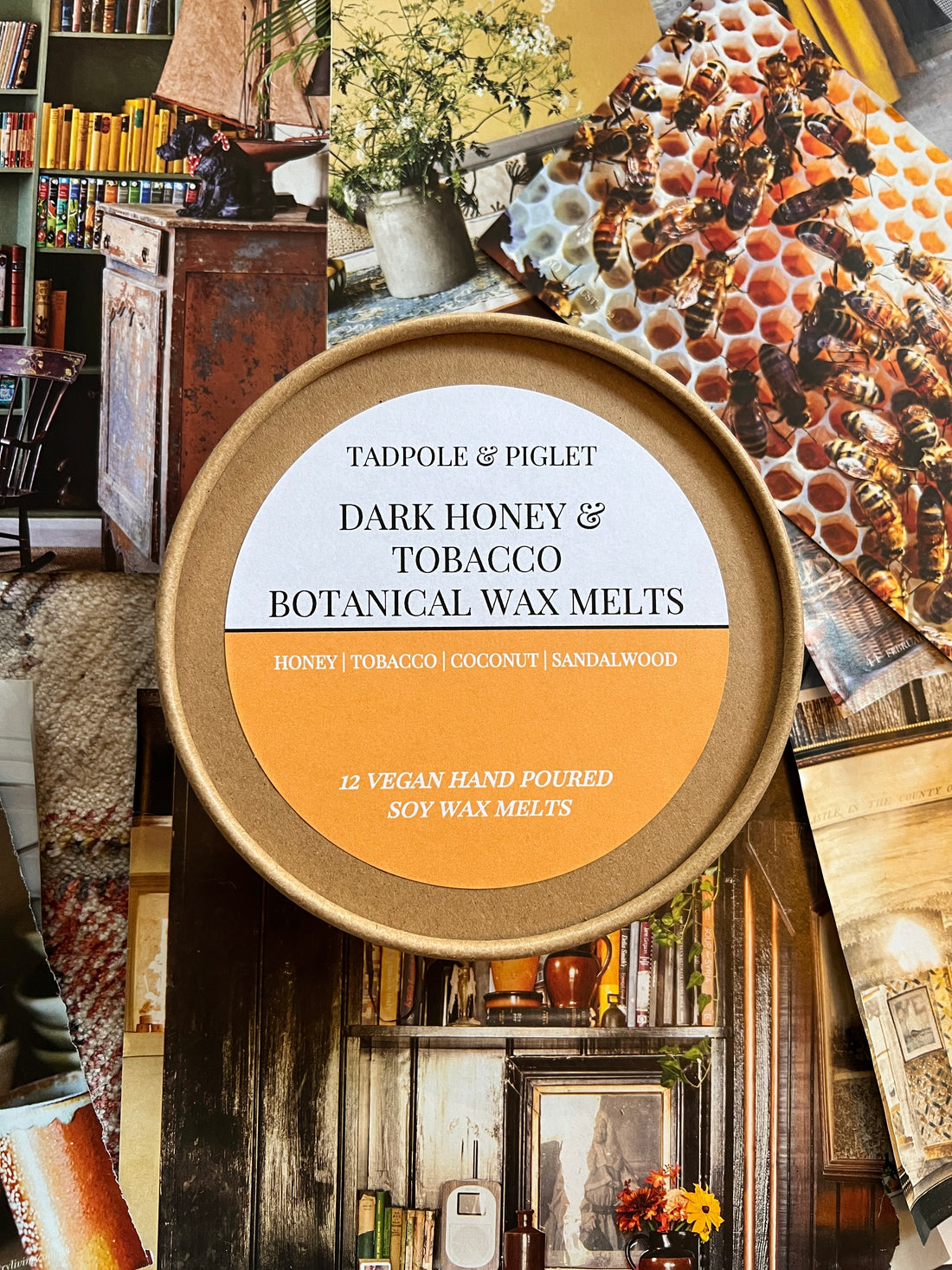 Dark Honey &amp; Tobacco Botanical Wax Melts by Tadpole &amp; Piglet in a decorative tin, surrounded by various images and textures.